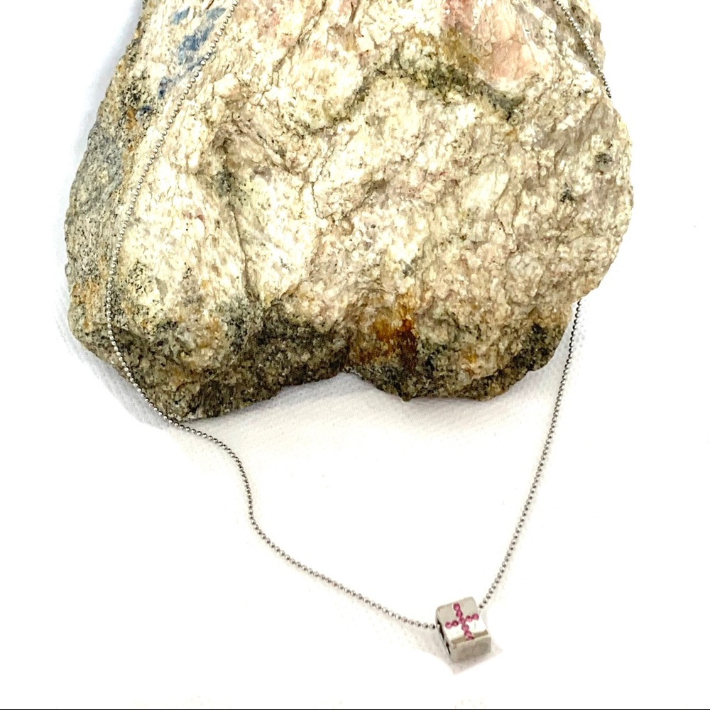 Silver Tone Ball Chain Pink Cross Slider Cube Pendant Necklace Very Sweet